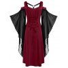 Vintage Harness Flare Sleeve Cold Shoulder Chiffon Dress - RED WINE L