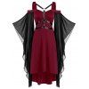 Vintage Harness Flare Sleeve Cold Shoulder Chiffon Dress - RED WINE 2XL