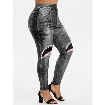 

Shark Mouth 3D Print High Waisted Pull On Plus Size Jeggings, Black