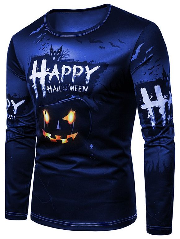 T-shirt d'Halloween Citrouille Imprimée à Col Rond - Bleu M