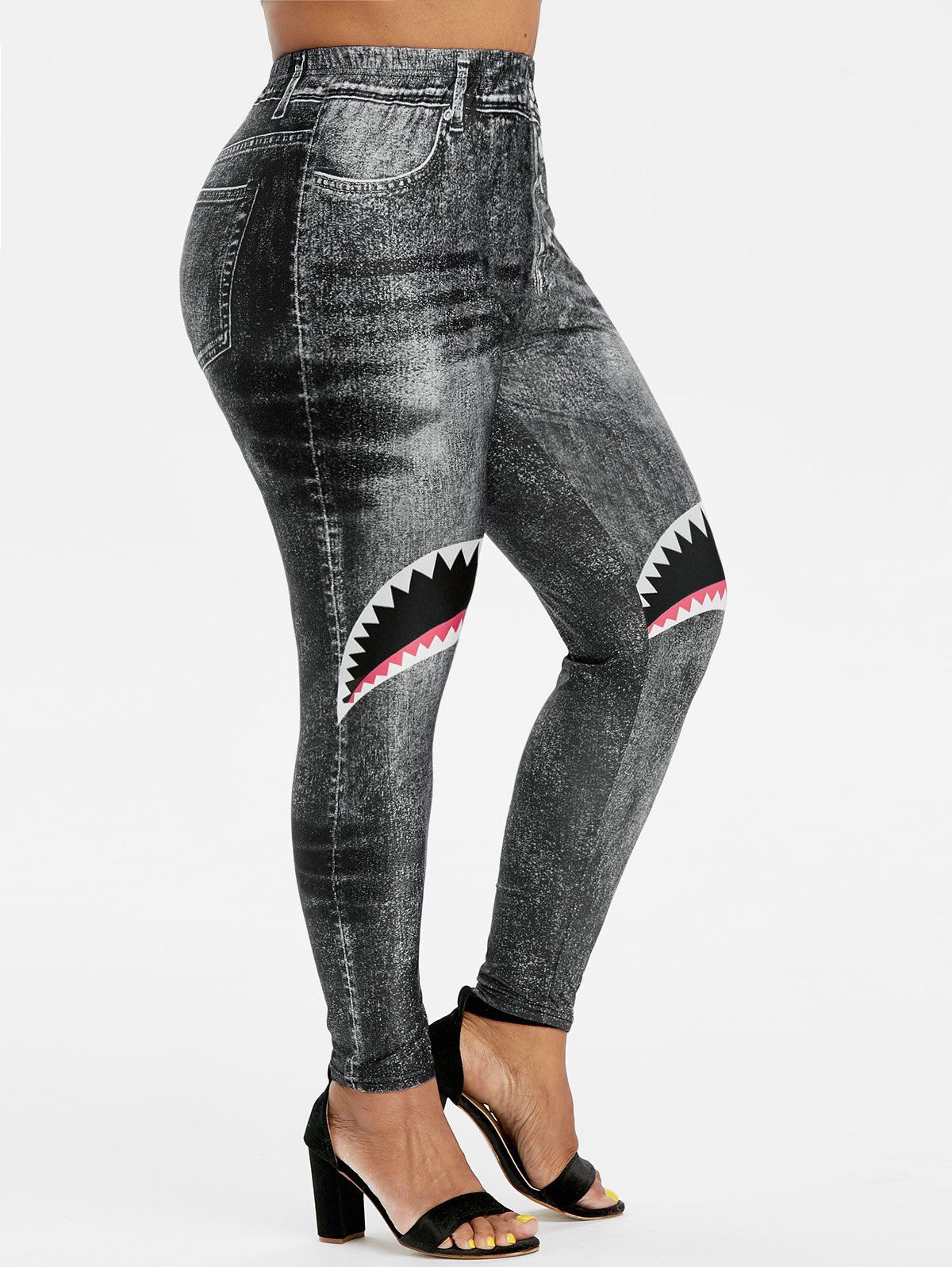 

Shark Mouth 3D Print High Waisted Pull On Plus Size Jeggings, Black