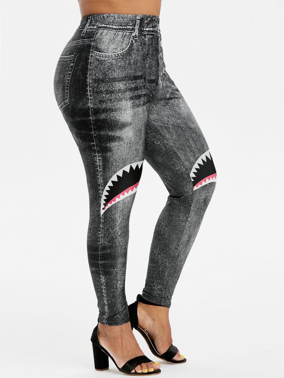Legging 3D Bouche de Requin Imprimée à Taille Haute Grande Taille - Noir 1X