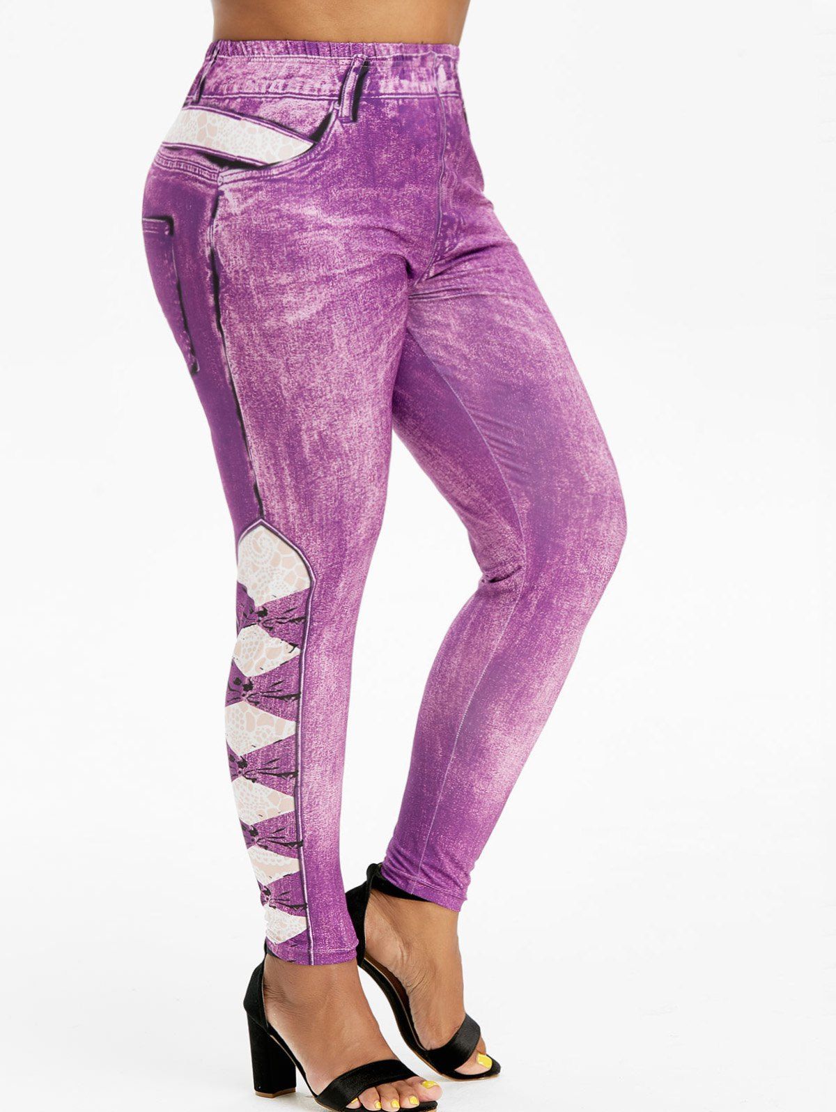 

3D Printed High Waisted Pull On Plus Size Jeggings, Purple