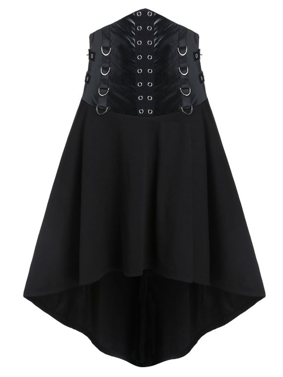 Jupe Gothique Haute Basse Bouclée Bague en D à Œillets - Noir 2XL
