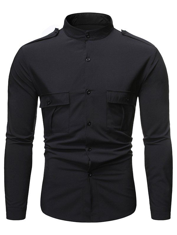 [37% OFF] 2021 Stand Collar Button Up Cargo Shirt In BLACK | DressLily