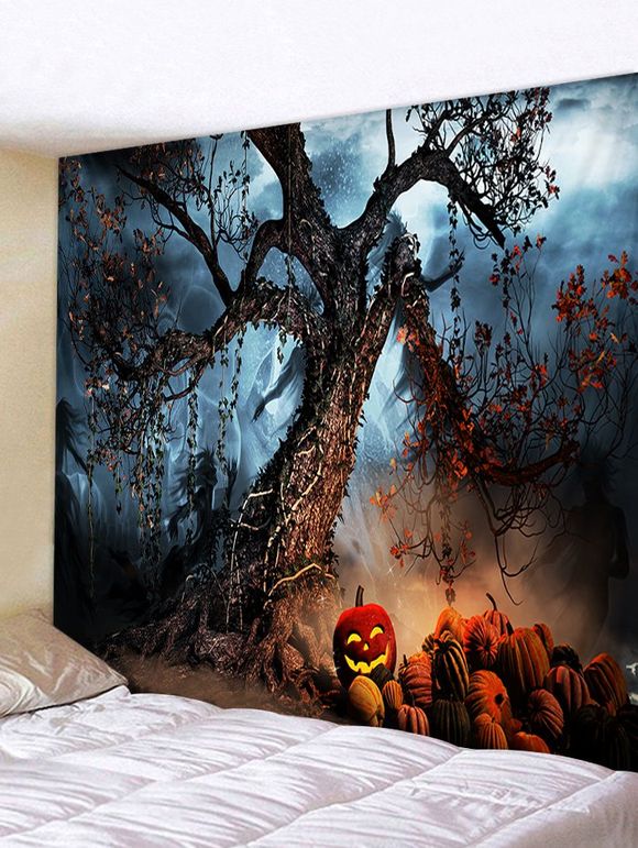 Tapisserie Murale Pendante Art Décoration d'Halloween Arbre Citrouille et Nuit Imprimés - Taupe W79 X L71 INCH