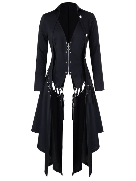 Manteau Long Zip en Avant Grande Taille avec œillet à Lacets - Noir 5X