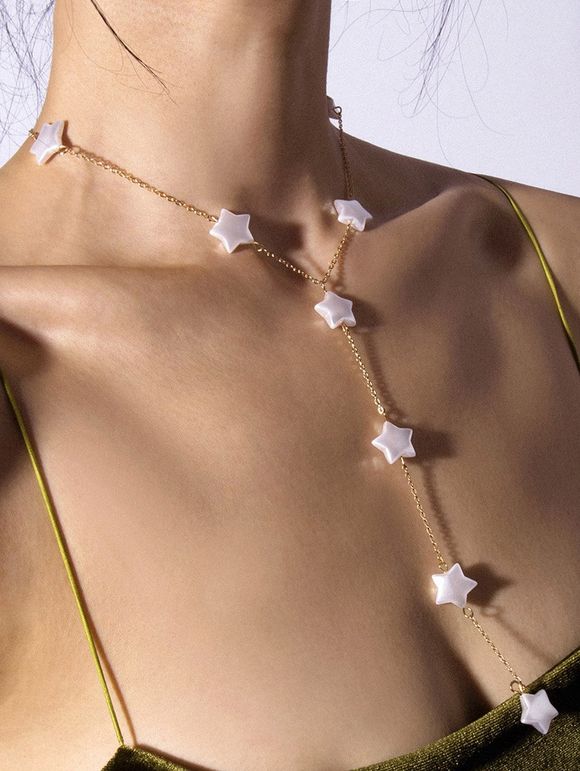 Collier en Forme d'Etoile Perlé en Forme Y à Chaîne Liée - Or 