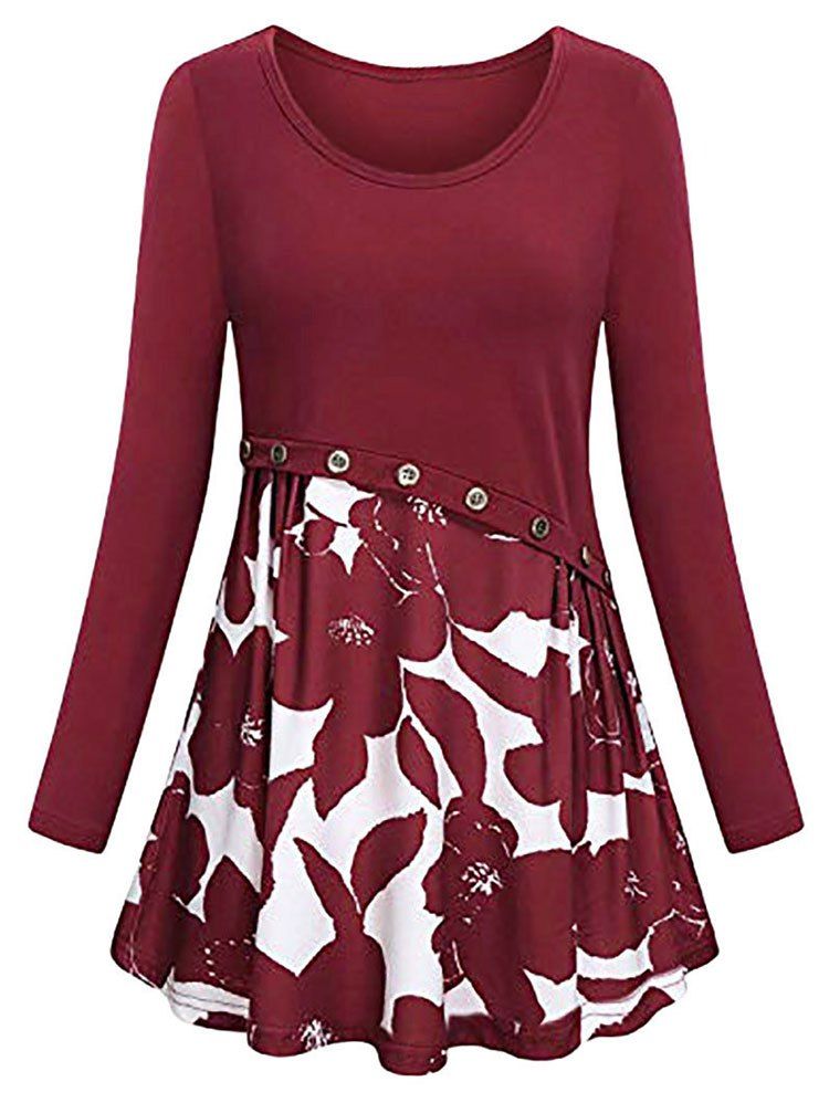 Floral Mock Button Plus Size A Line Dress - RED WINE 1X