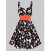 Sweetheart Neck High Waist A Line Button Skull Cat Print Halloween Dress - BLACK XL