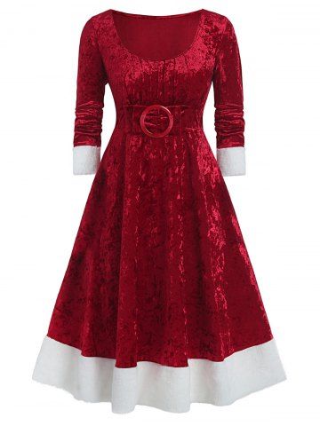 Plus Size Christmas Bowknot Embellished Contrast Velvet Midi Dress
