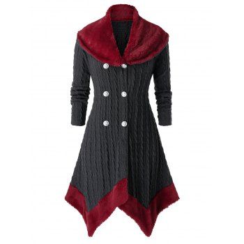 

Plus Size Contrast Faux Fur Hanky Hem Cable Knit Cardigan, Dark gray