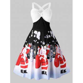 

Plus Size Vintage Criss Cross Santa Claus Print Christmas Dress, Black