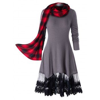 

Plus Size Lace Trim Long Tunic Knitwear With Scarf, Dark gray