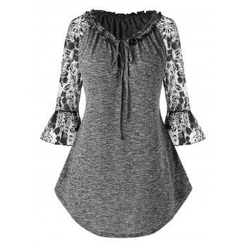 

Plus Size Lace Sleeve Ruffle Marled Curved T Shirt, Gray