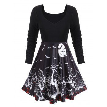 

Plus Size Sweetheart Neck Pumpkin Tree Print Halloween T Shirt, Black