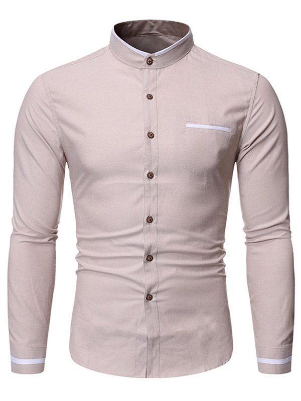 Contrast Color Stripe Faux Pocket Stand Collar Basic Shirt - BEIGE XL