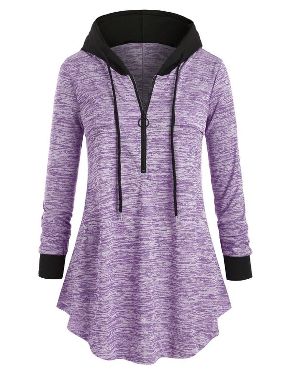 Haut Tunique à Capuche Teinté à Demi-Zip de Grande Taille - Mauve L