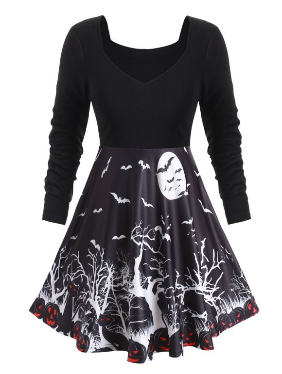 T-shirt Gothique d'Halloween Citrouille et Arbre Imprimés Grande Taille - Noir 2X