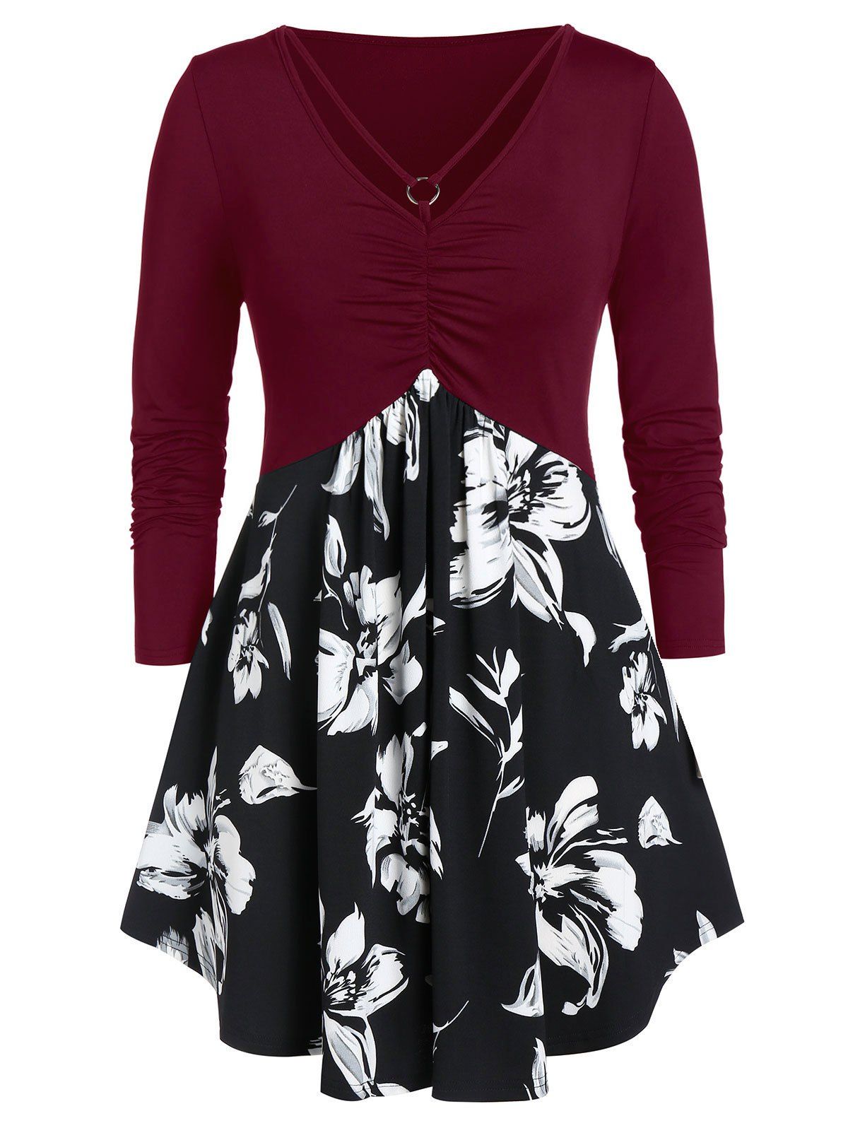 

Plus Size Ditsy Print V Neck Tunic T Shirt, Firebrick