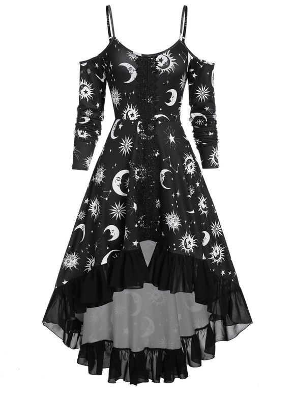 Robe Gothique Haute Basse Lune et Soleil Imprimés à Epaule Dénudée à Volants - Noir 3XL