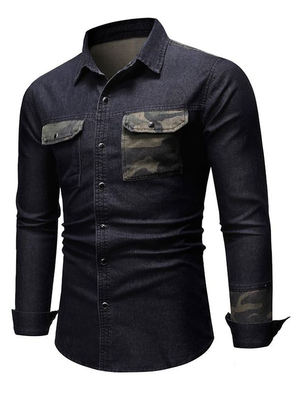 Chemise Panneau Camouflage Boutonnée en Denim - Noir 3XL