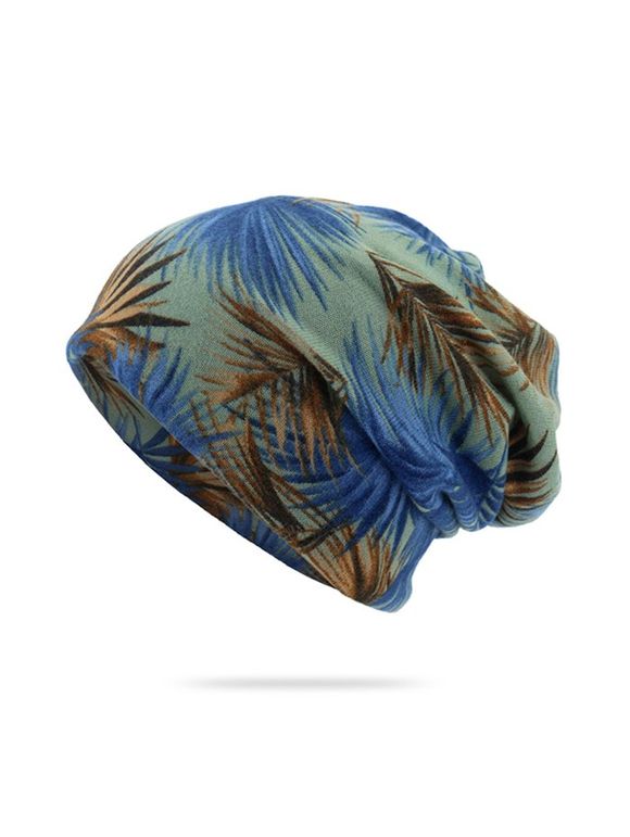 Chapeau Écharpe Tricoté Feuille Imprimée - Bleu Ciel 