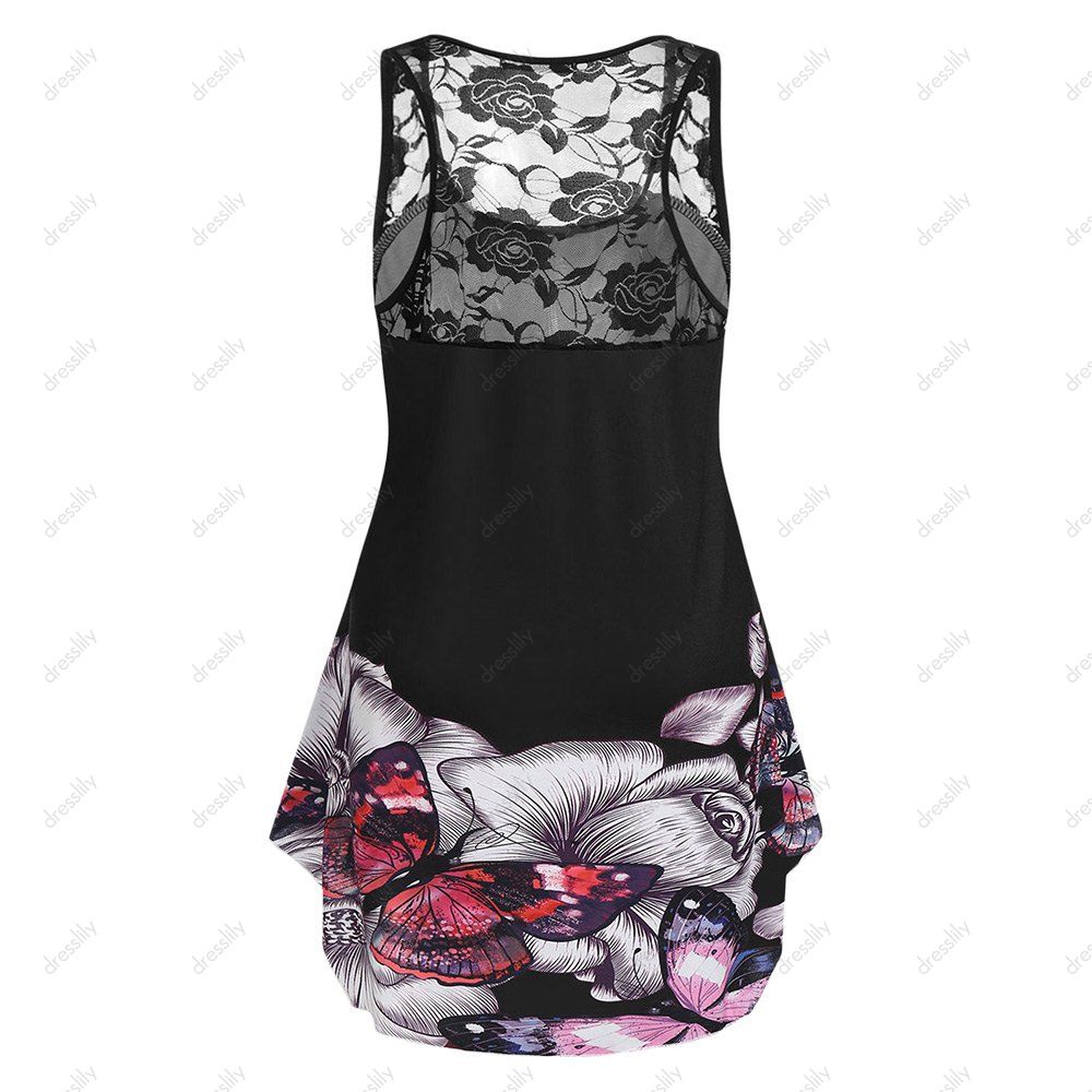 

Plus Size Floral Butterfly Print Flare Tank Top, Black