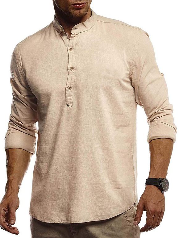 Chemise Manches Longuess à Col Debout en Lin - Kaki 2XL
