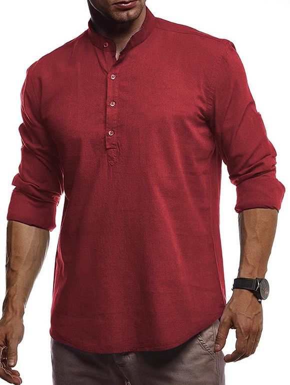 Chemise Manches Longuess à Col Debout en Lin - Rouge Vineux XL