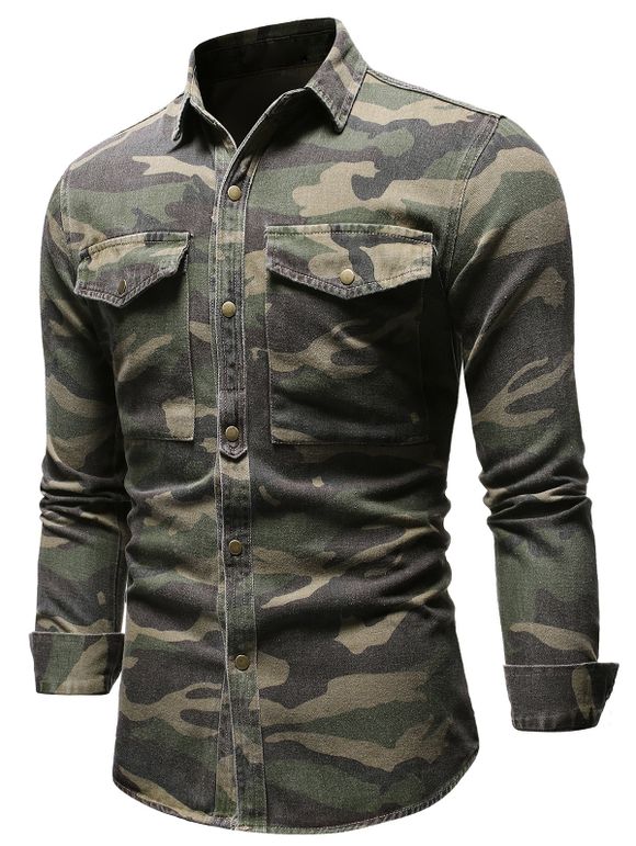 Camouflage Button Up Denim Cargo Shirt - ARMY GREEN 2XL