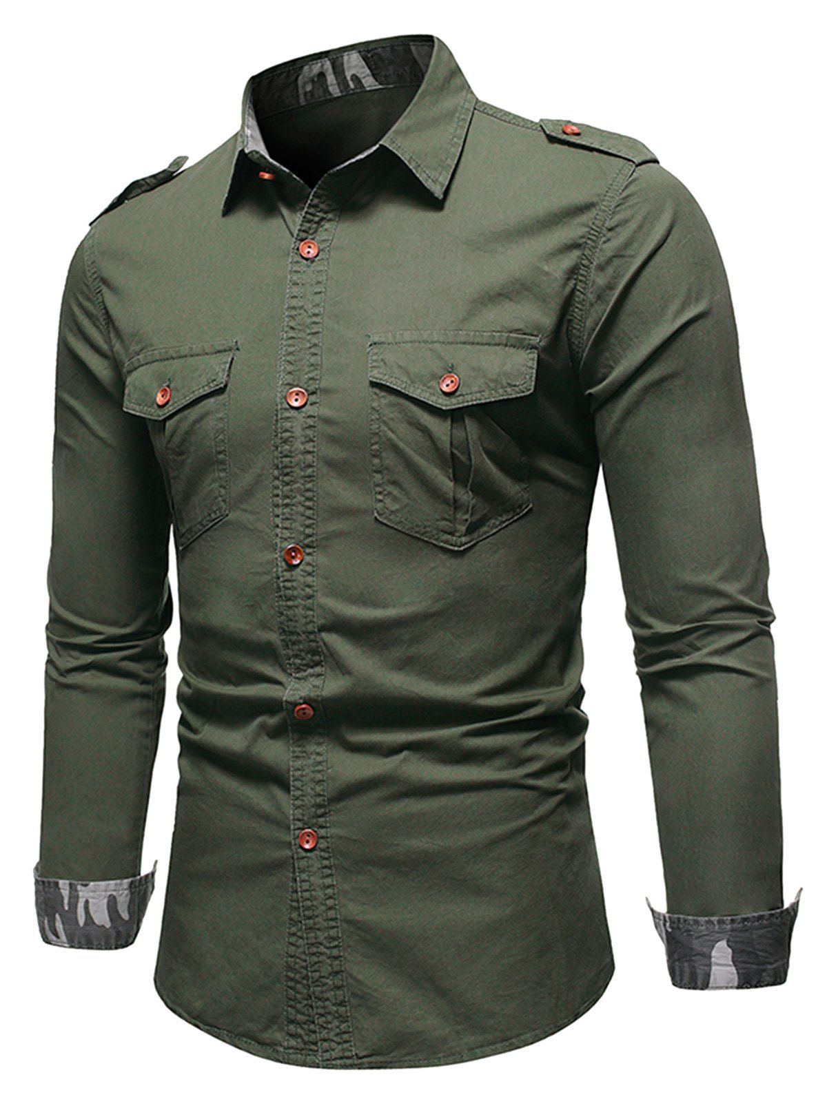 [28% OFF] 2021 Camo Trim Button Up Cargo Shirt In ARMY GREEN | DressLily