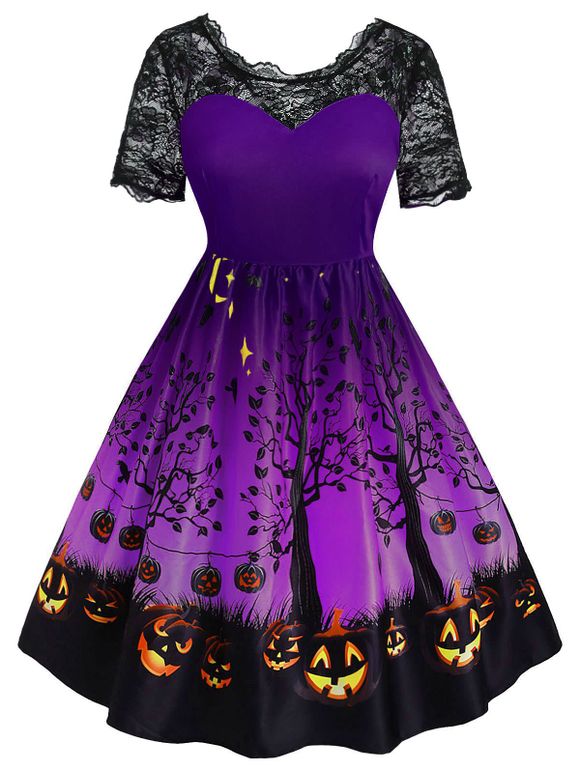 Robe de Soirée Vintage Citrouille d'Halloween de Grande Taille - Violet Améthyste 4X