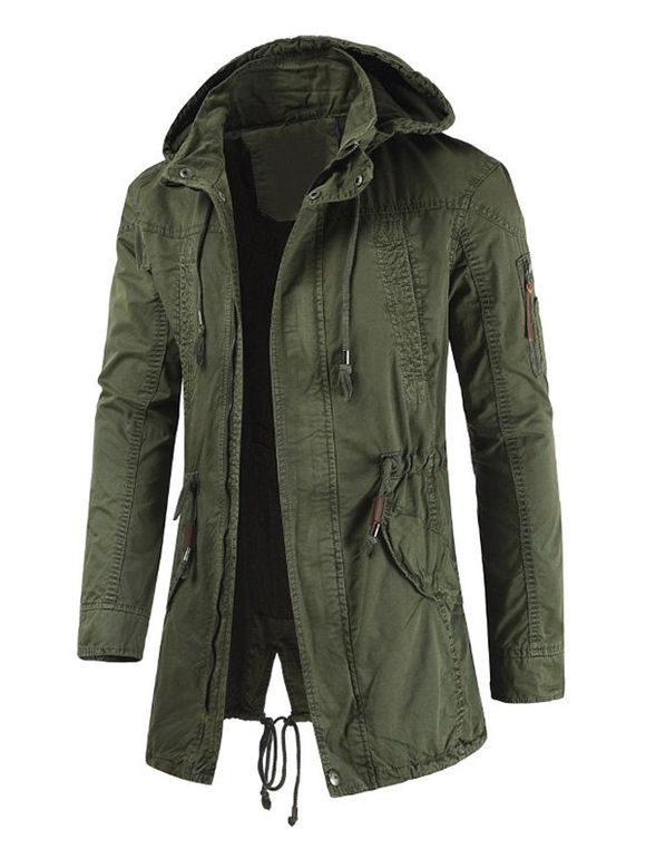 Manteau Trench Zippé en Couleur Unie à Cordon - Vert Armée XL