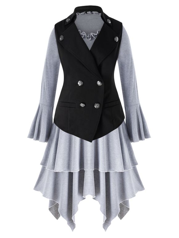 Robe Asymétrique Superposée Grande Taille avec Gilet Boutonné - Noir 1X