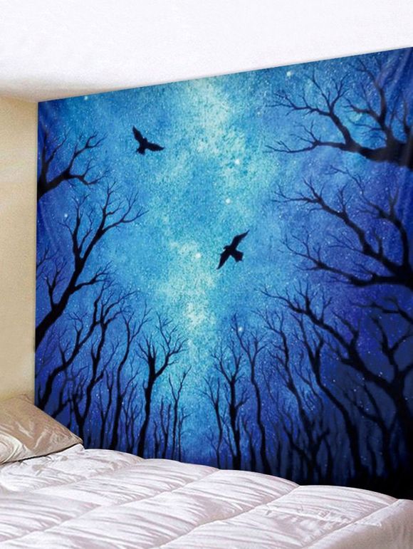 Tapisserie Murale Pendante Art Décoration d'Halloween Forêt et Ciel Etoilé Imprimés - Bleu Myrtille W91 X L71 INCH