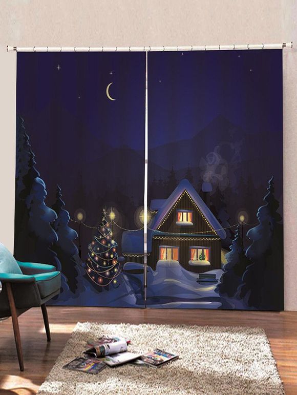 Rideaux de Fenêtre de Noël Nuit et Maison Imprimés 2 Panneaux - multicolor C W75×L166CM×2PCS