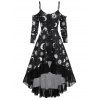 Robe Gothique Haute Basse Lune et Soleil Imprimés à Epaule Dénudée à Volants - Noir XL