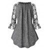 Plus Size Lace Sleeve Ruffle Marled Curved T Shirt - GRAY 1X
