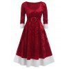 Plus Size Christmas Bowknot Embellished Contrast Velvet Midi Dress - RED WINE 1X