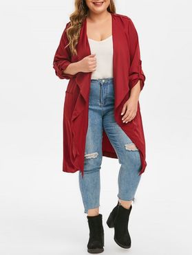 Plus Size Open Front Roll Tab Sleeve Trench Coat