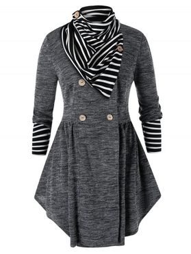 Plus Size Double Breasted Marled Skirted Cardigan With Striped Scarf