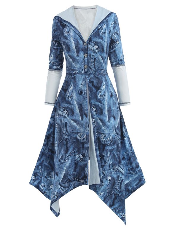 Manteau à Capuche Mouchoir Imprimé en Denim de Grande Taille - Ardoise bleue 3X
