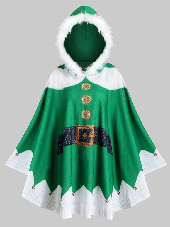 Manteau Poncho à Capuche Cloche Imprimée Grande Taille en Fausse Fourrure - Vert profond 5X