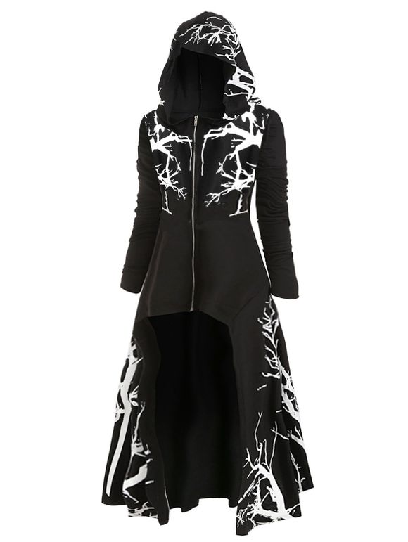 Manteau d'Halloween à Capuche Haut Bas Arbre Imprimé Grande Taille - Noir 3X