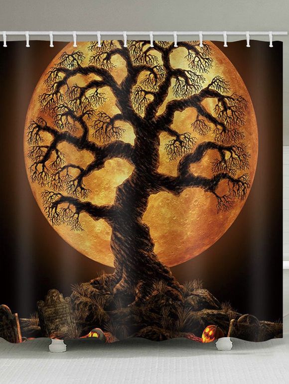 Rideau de Douche Imperméable d'Halloween Lune et Arbre Imprimés pour Salle de Bain - Orange Halloween W71 X L79 INCH