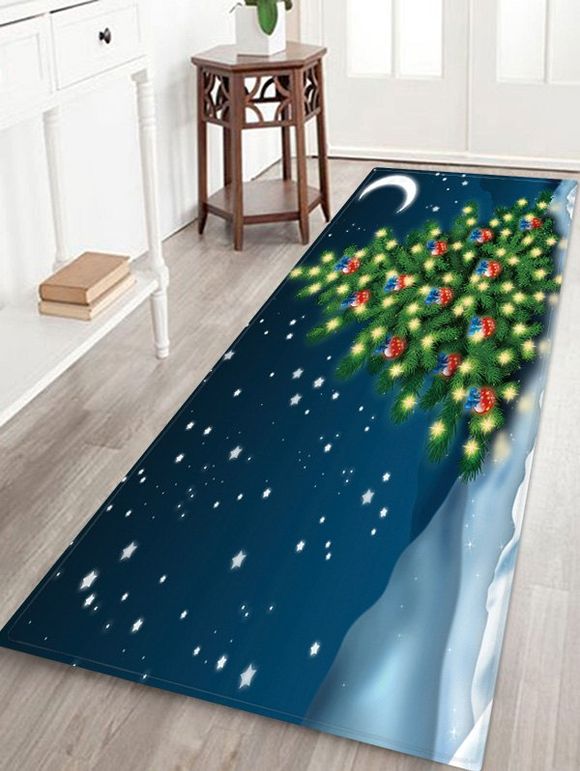 Tapis de Sol Sapin de Noël et Neige Imprimés - Bleu Foncé Toile de Jean W16 X L47 INCH