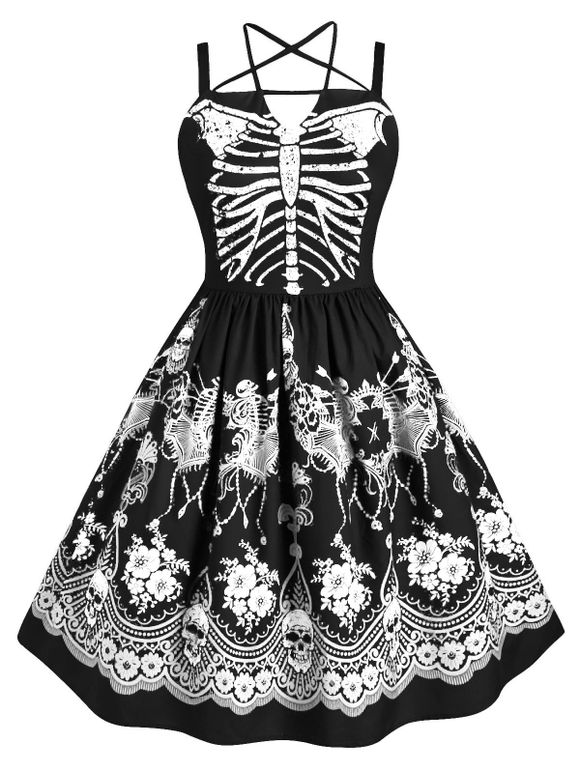 Robe d'Halloween Harnais Squelette Imprimé Croisée de Grande Taille - Noir 5X