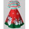 Robe Trapèze Vintage Rayée à Imprimé Bonhomme de Neige Grande Taille - Rouge 3X