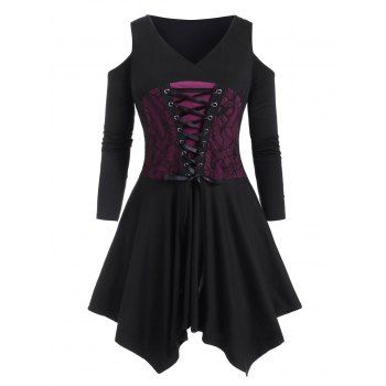 Lace-up Lace Panel Cold Shoulder Plus Size Dress, Black